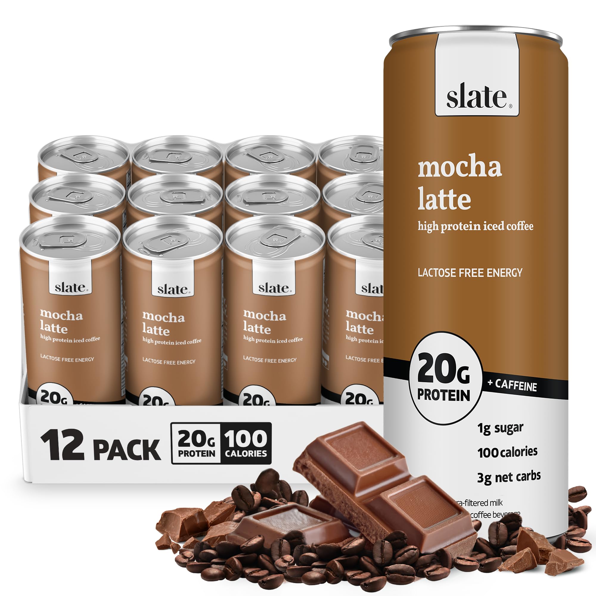 Slate Milk High Protein Milk Shake (Classic Chocolate) 12 Cans, 11 fl oz | Lactose Free - 20g Protein - 1g Sugar - 100 Calories - 2g Net Carbs - No Added Sugar - Natural, Breakfast Boost, Post Workout