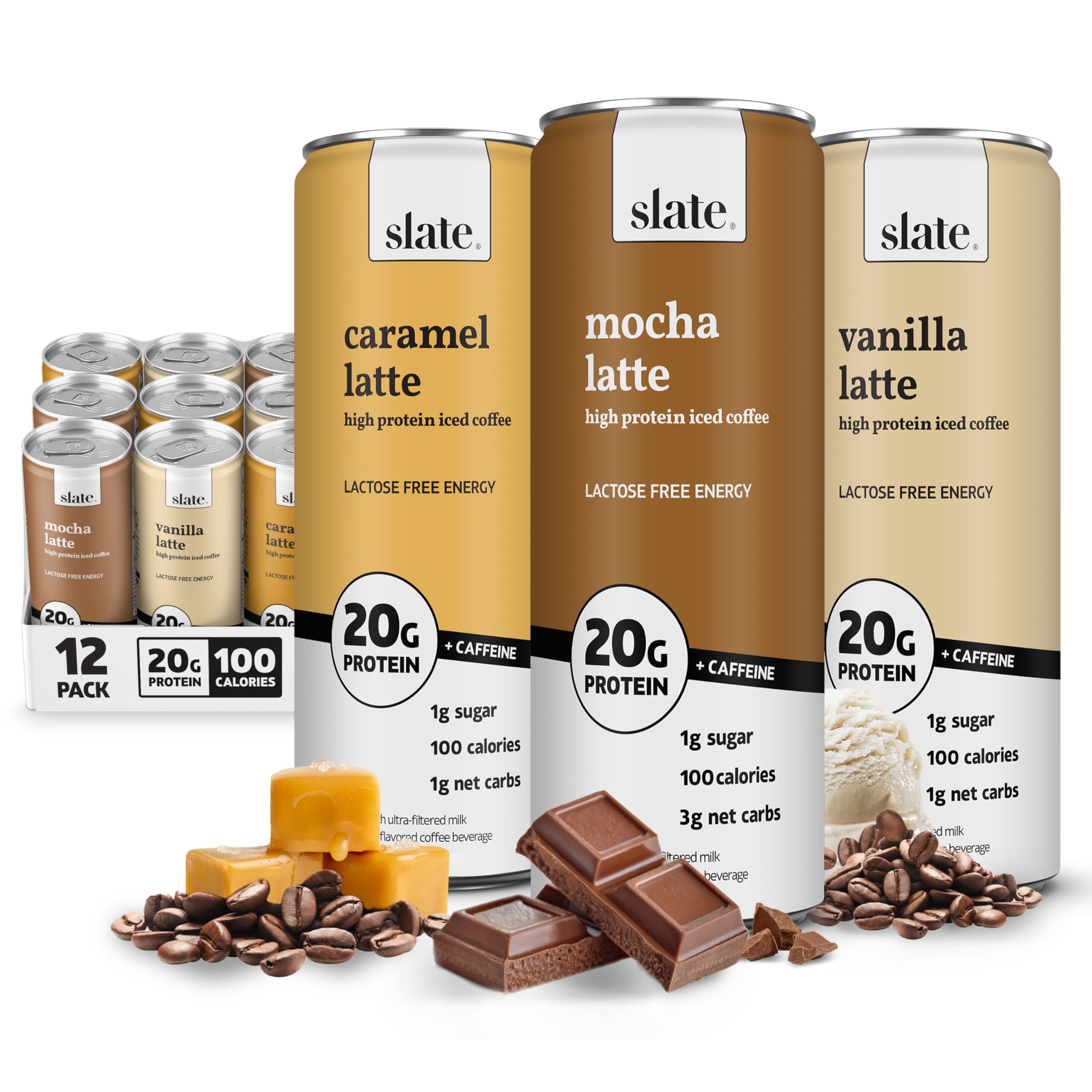 Slate Milk High Protein Milk Shake (Classic Chocolate) 12 Cans, 11 fl oz | Lactose Free - 20g Protein - 1g Sugar - 100 Calories - 2g Net Carbs - No Added Sugar - Natural, Breakfast Boost, Post Workout