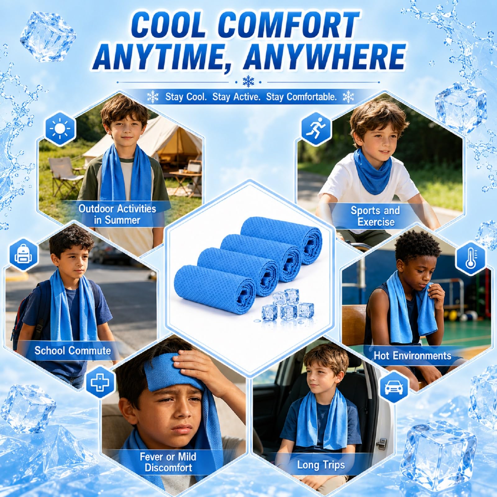 BobbleT Kids PVA Cooling Towels 4 Pack (30"x9") - Mini Instant Ice Cooling Towels for Neck & Face with UPF 50+ Sun Protection, Reusable Summer Heat Relief for Outdoor Activities, Pink