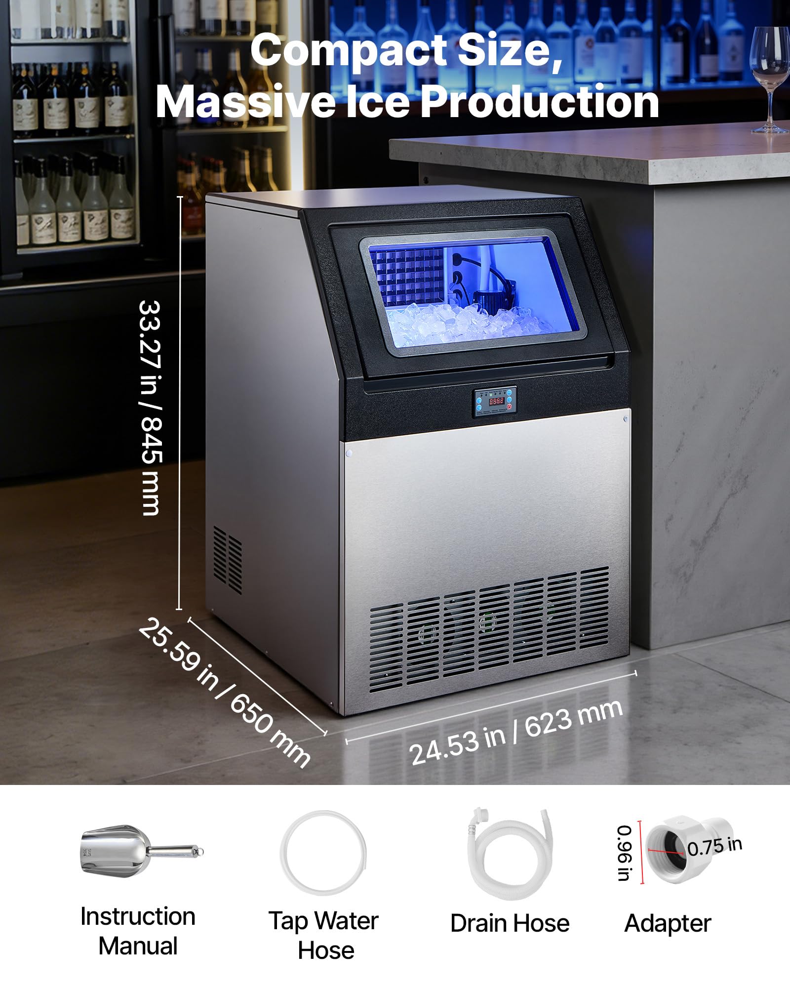 VEVOR Commercial Ice Maker Machine, 80 lbs/24h with 13 lbs Storage Capacity, Countertop/Freestanding/Under Counter, Stainless Steel Ice Maker with LED Display & Self-Cleaning, for Home Bar Restaurant