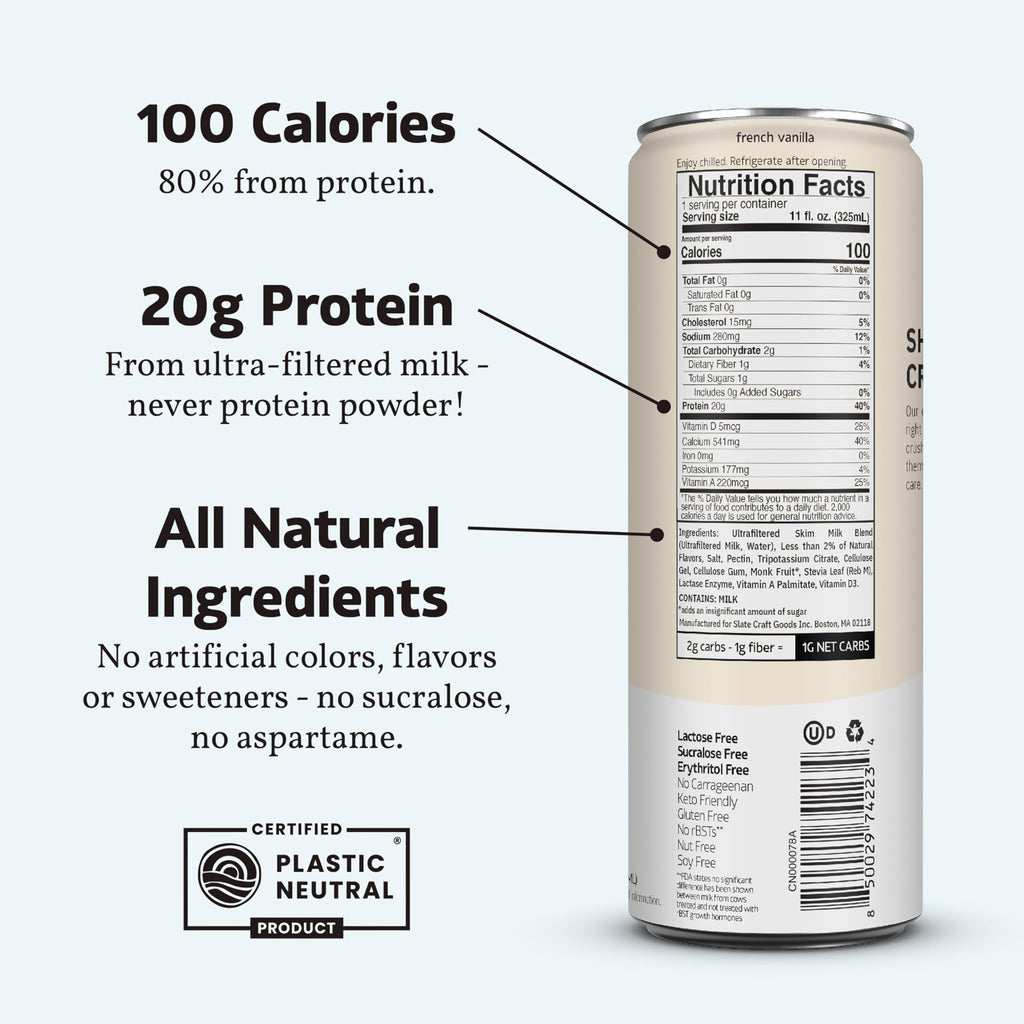 Slate Milk High Protein Milk Shake (Classic Chocolate) 12 Cans, 11 fl oz | Lactose Free - 20g Protein - 1g Sugar - 100 Calories - 2g Net Carbs - No Added Sugar - Natural, Breakfast Boost, Post Workout