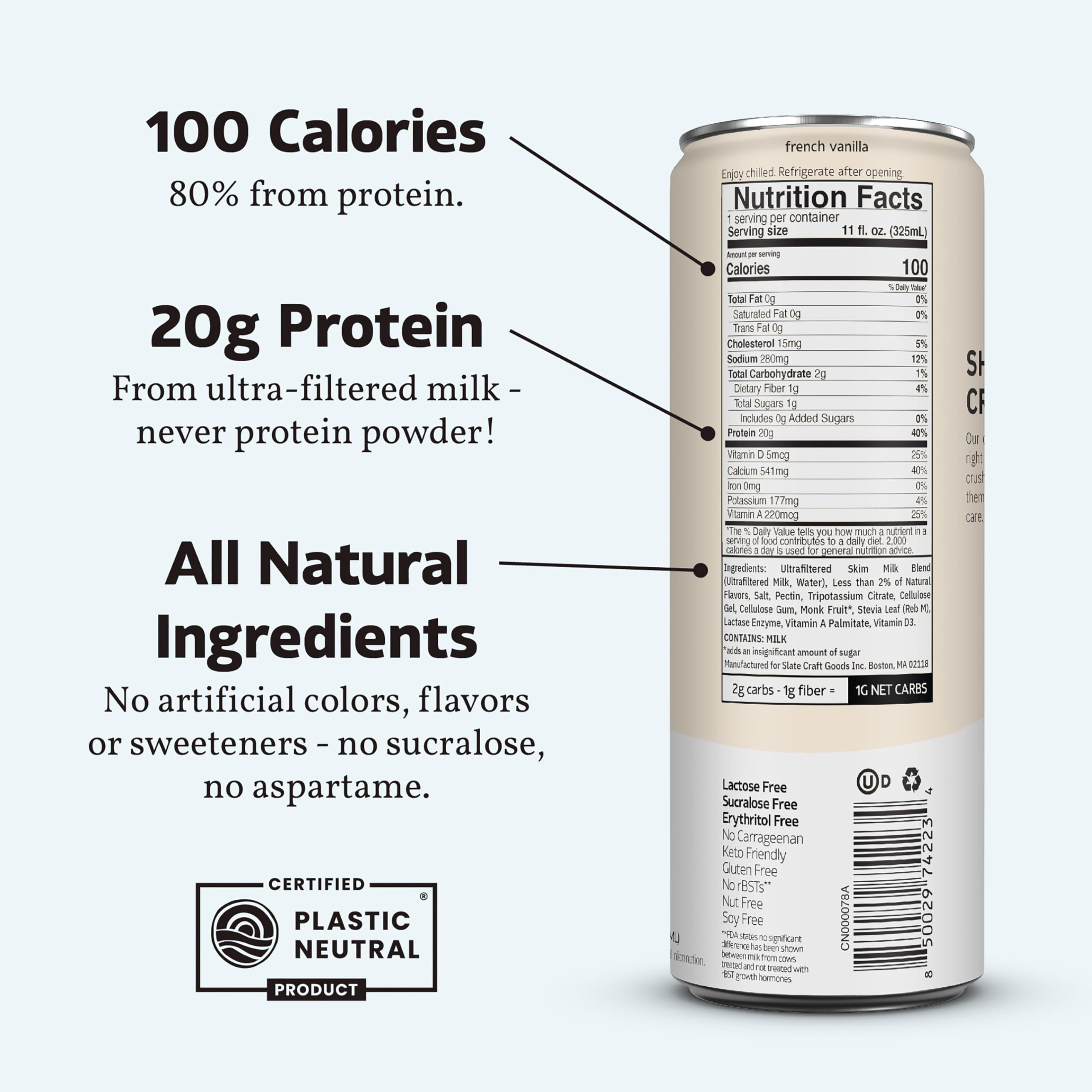 Slate Milk High Protein Milk Shake (Classic Chocolate) 12 Cans, 11 fl oz | Lactose Free - 20g Protein - 1g Sugar - 100 Calories - 2g Net Carbs - No Added Sugar - Natural, Breakfast Boost, Post Workout