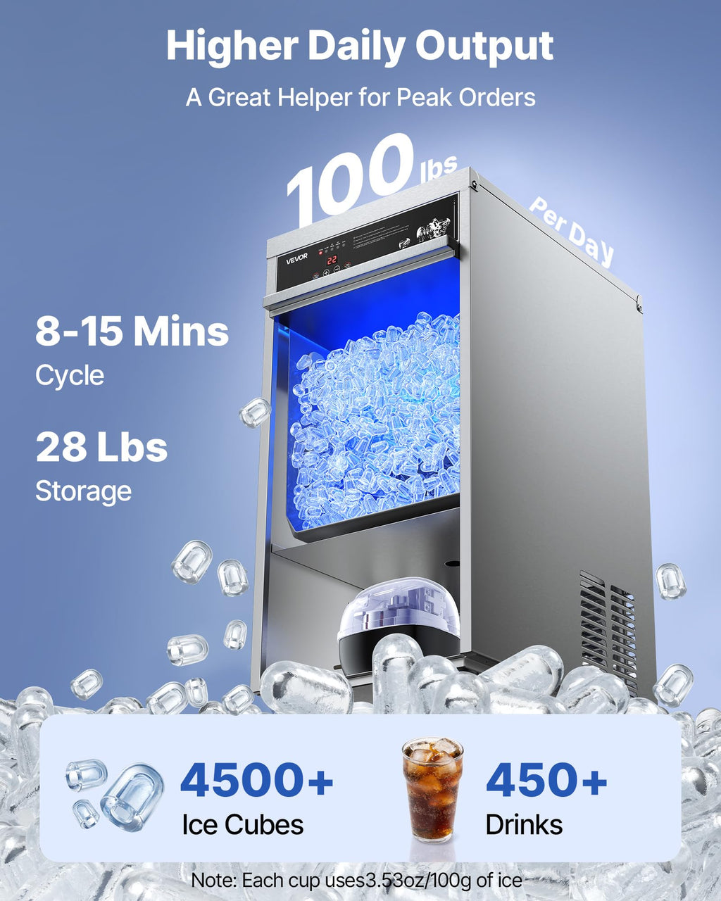 VEVOR Commercial Ice Maker Machine, 80 lbs/24h with 13 lbs Storage Capacity, Countertop/Freestanding/Under Counter, Stainless Steel Ice Maker with LED Display & Self-Cleaning, for Home Bar Restaurant