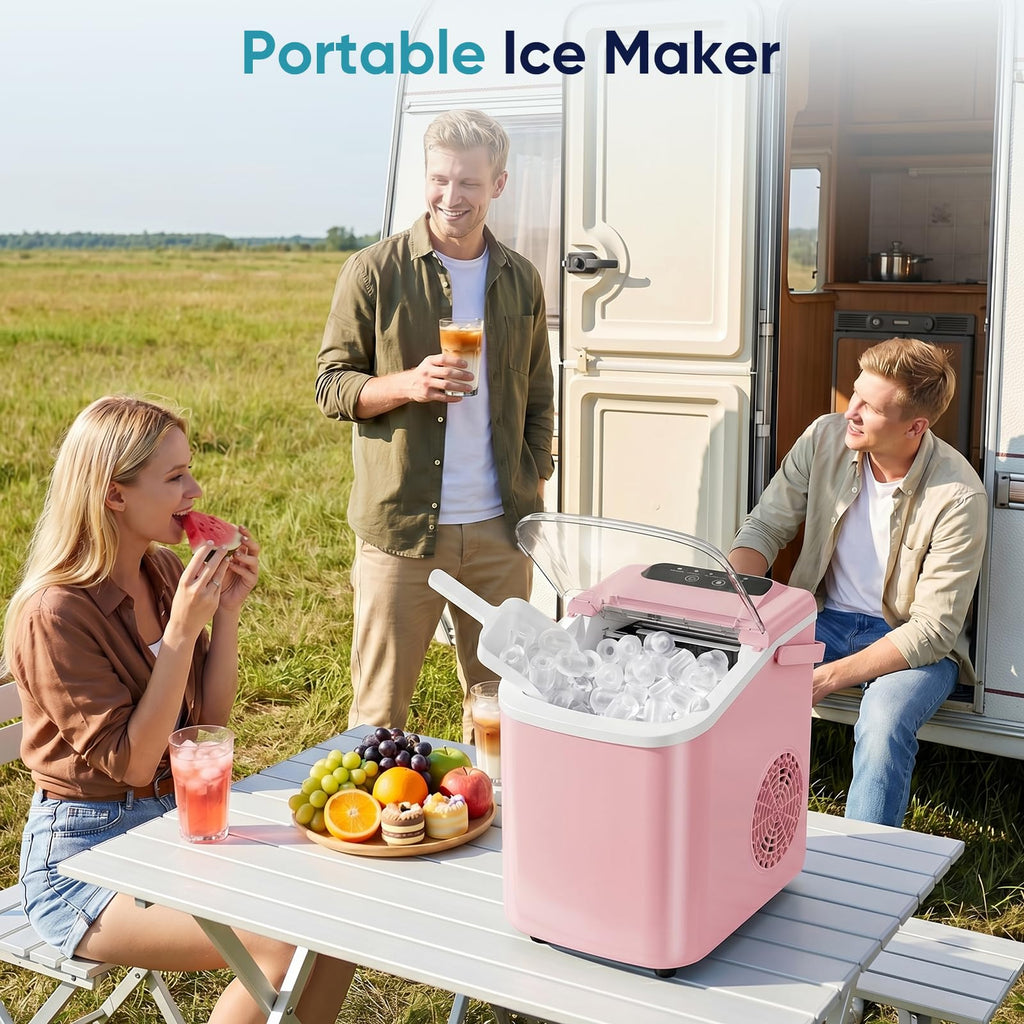 DUMOS Ice Maker Countertop, Ice Machine with Portable Handle, Basket and Scoop, 26lbs Daily, 9 Bullet Cubes in 6-8 Mins, Auto-Cleaning for Home, Kitchen, Office, Outdoors, RV Camping