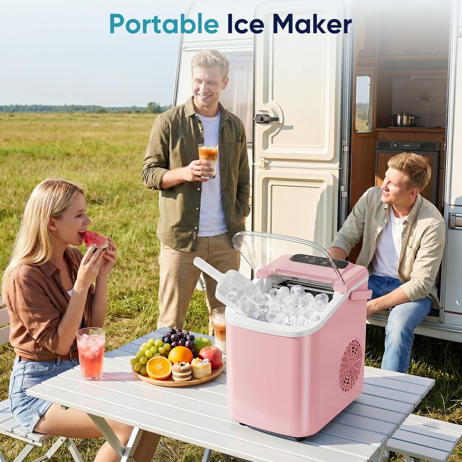 DUMOS Ice Maker Countertop, Ice Machine with Portable Handle, Basket and Scoop, 26lbs Daily, 9 Bullet Cubes in 6-8 Mins, Auto-Cleaning for Home, Kitchen, Office, Outdoors, RV Camping