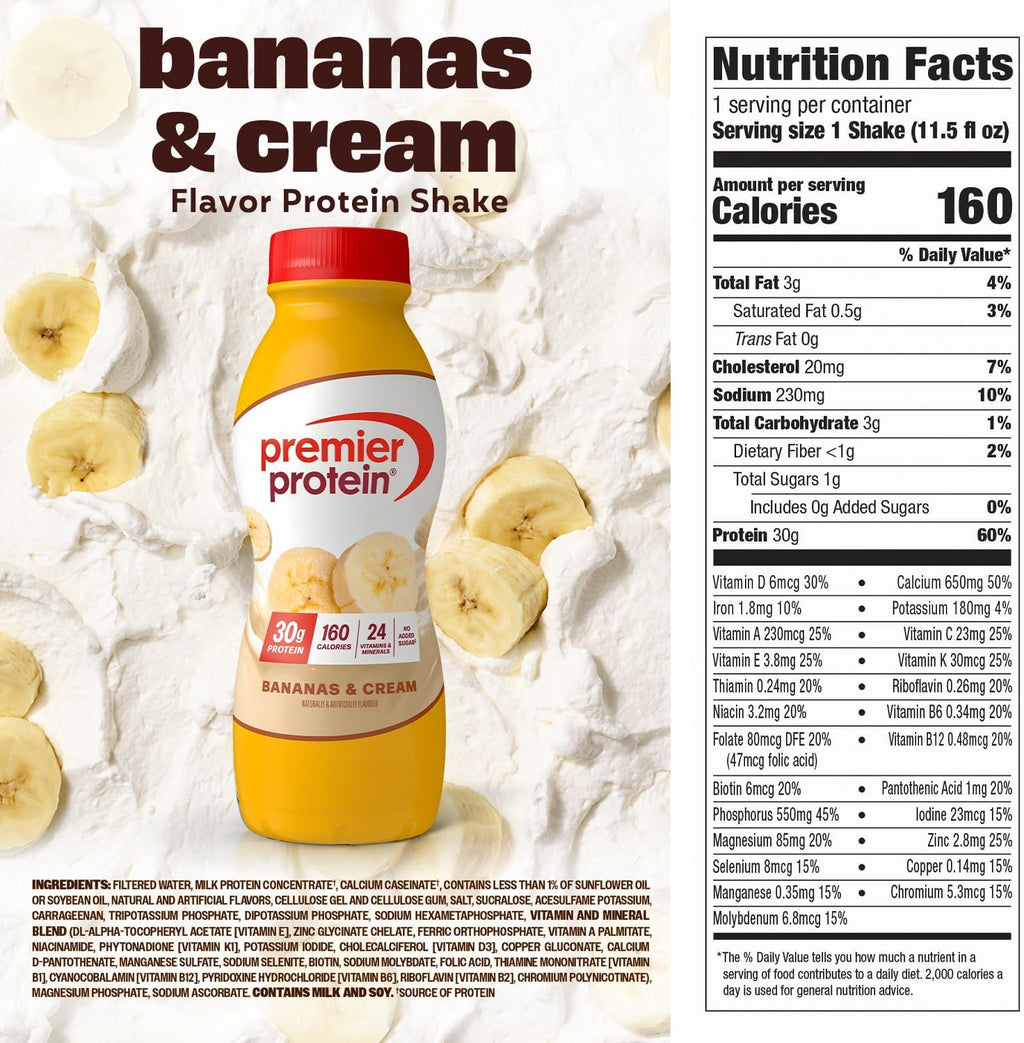 BUNDLE: Premier Protein Shake, Chocolate Peanut Butter (12 Pack) + Bananas & Cream (12 Pack), 30g Protein, 11.5 Fl Oz (24 Shakes Total)