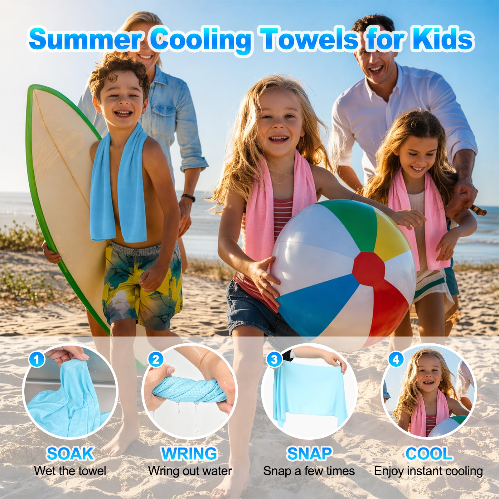 BobbleT 4 Pack Kids Cooling Towels, 30" x 9", Mini Cooling Towels for Neck and Face, Soft Breathable Cooling Neck Wraps for Girls, Ideal for Sports, School, Summer Camp & Outdoor Use