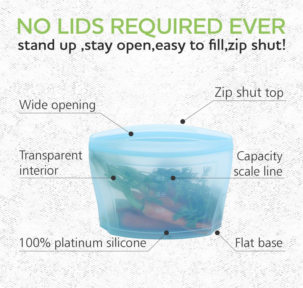 Zip Standing Reusable Silicone Food Storage Bag, Stand Up Food Storage Container, Reusable Zipper seal bag, no lid required, for Food Storage& Meal Prep, Freezer Oven Dishwasher - Safe, Set of 6 Bowls