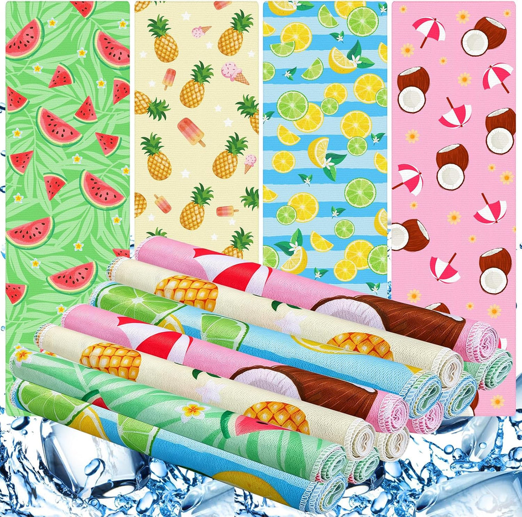 12-Pack Beach Party Theme Cooling Towels - 40"x12" Quick-Dry Microfiber Ice Towels with Tropical Fruit Design Lemon Coconut Watermelon Pineapple Perfect for Pool Gym Sports Summer Events