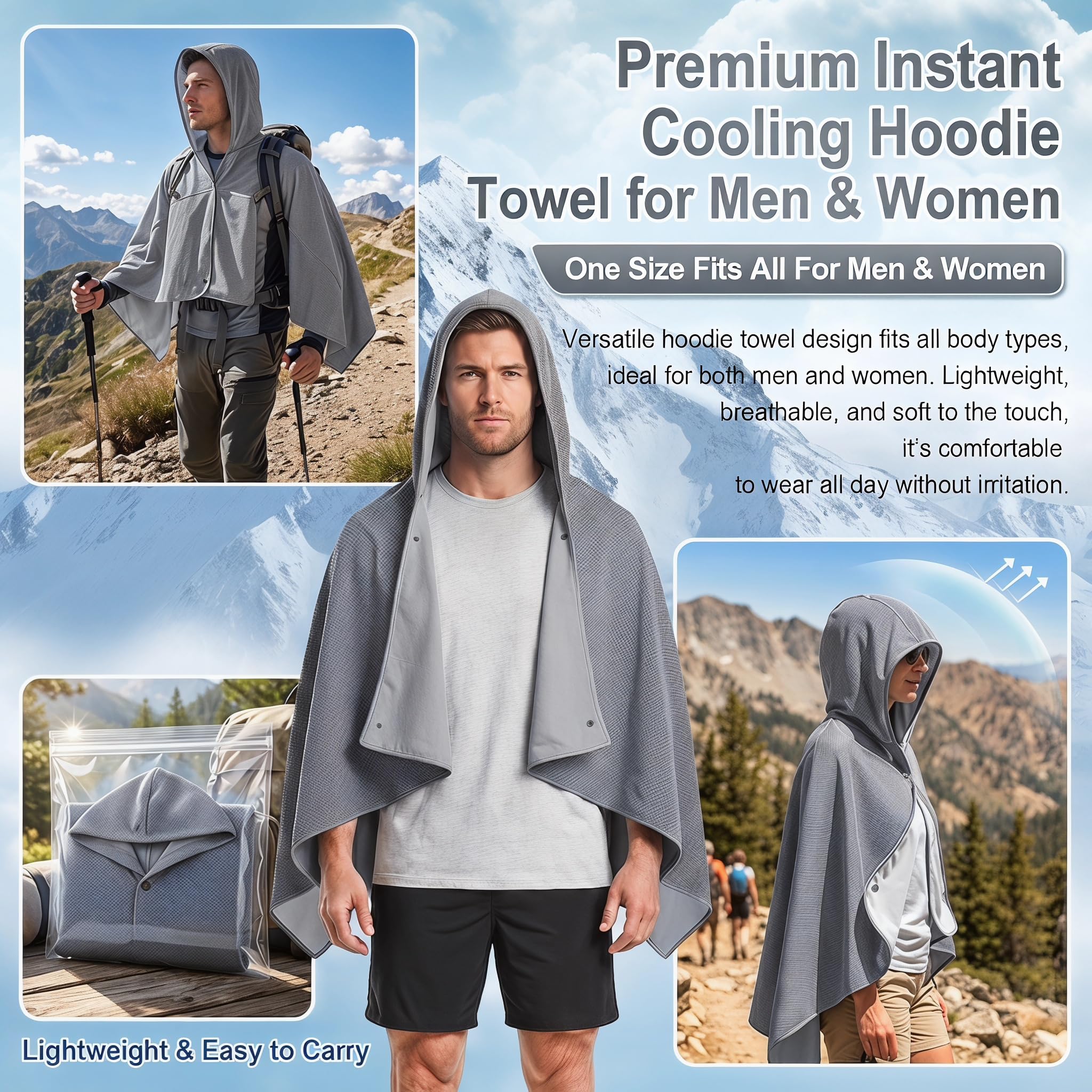 Cooling Hooded Beach Towel Cloak for Men Women -UPF 50+ Sun Proteciton Double Layer PVA Fabric Sweat-Absorbent Cool Towel Cape, Instant Cooling Soft Ice Towelfor Beach Yoga Camping (Blue)