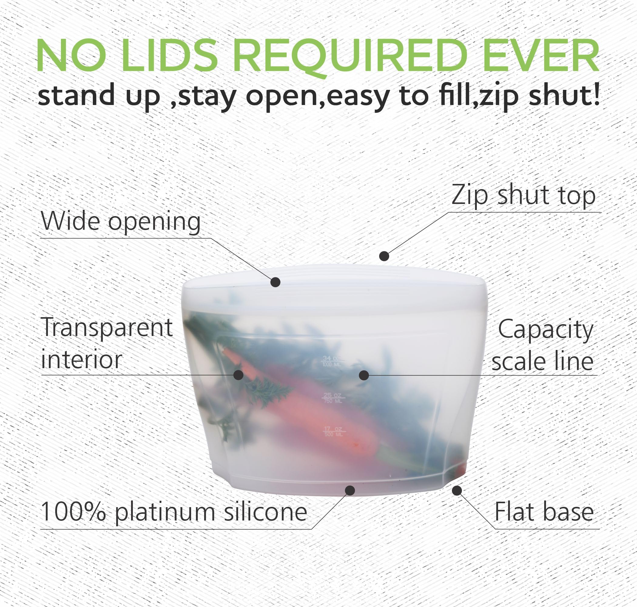 Zip Standing Reusable Silicone Food Storage Bag, Stand Up Food Storage Container, Reusable Zipper seal bag, no lid required, for Food Storage& Meal Prep, Freezer Oven Dishwasher - Safe, Set of 6 Bowls